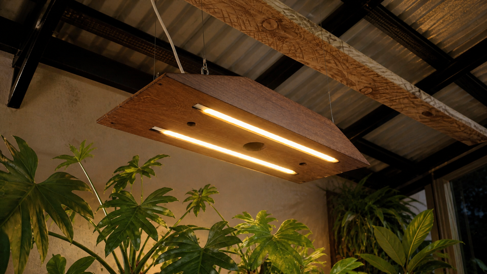Prepared setting showing a timber ceiling light above plants