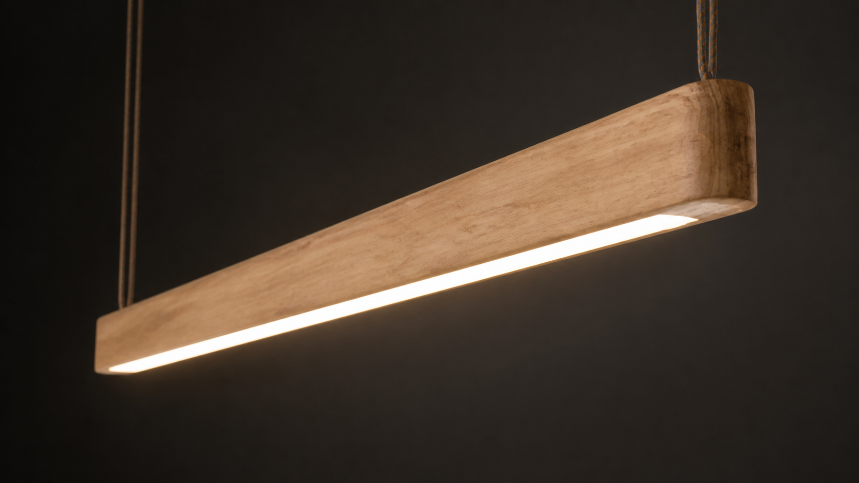 Prepared studio view of a linear timber pendant