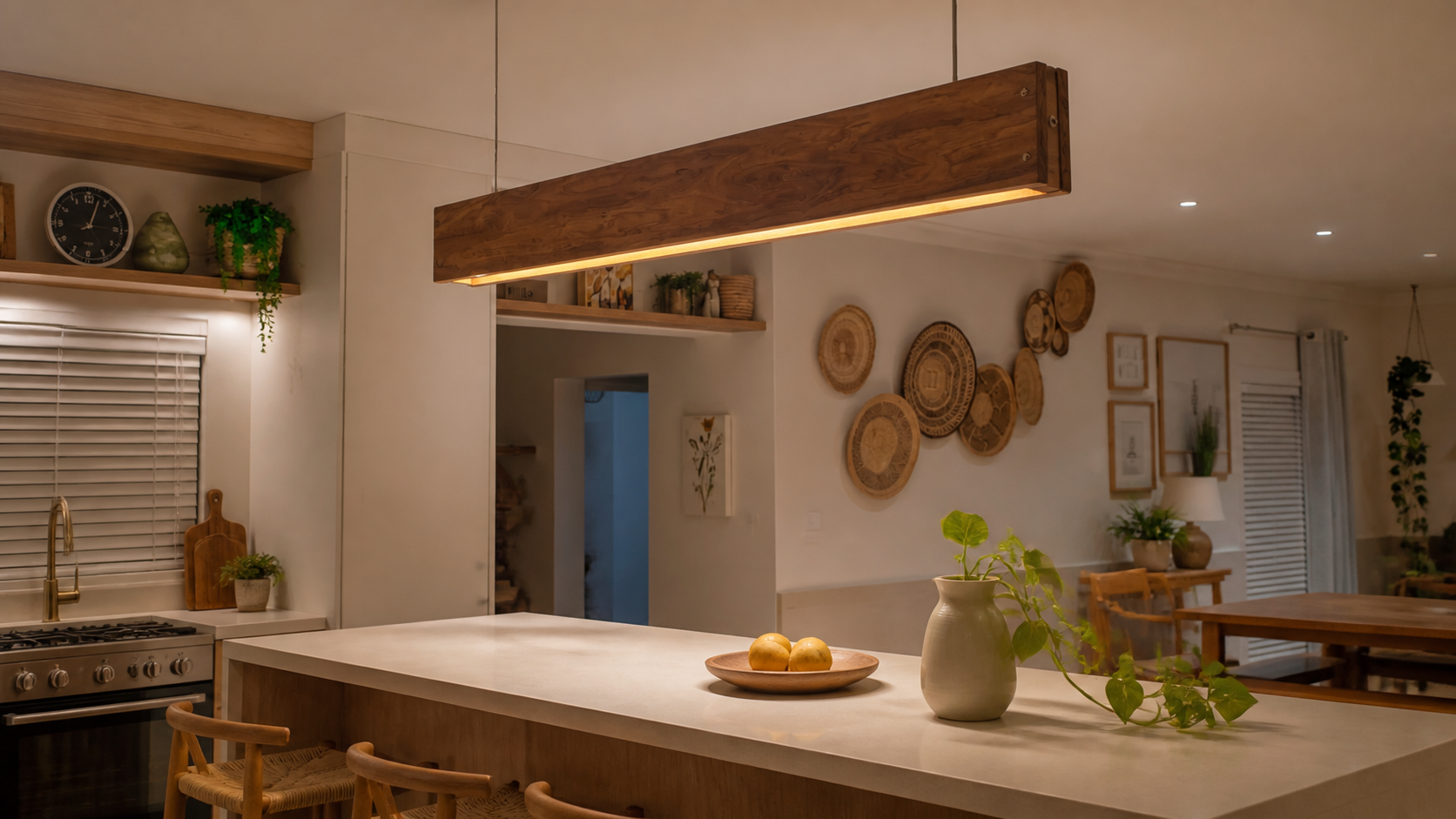 Illustrative kitchen setting with timber pendant lighting